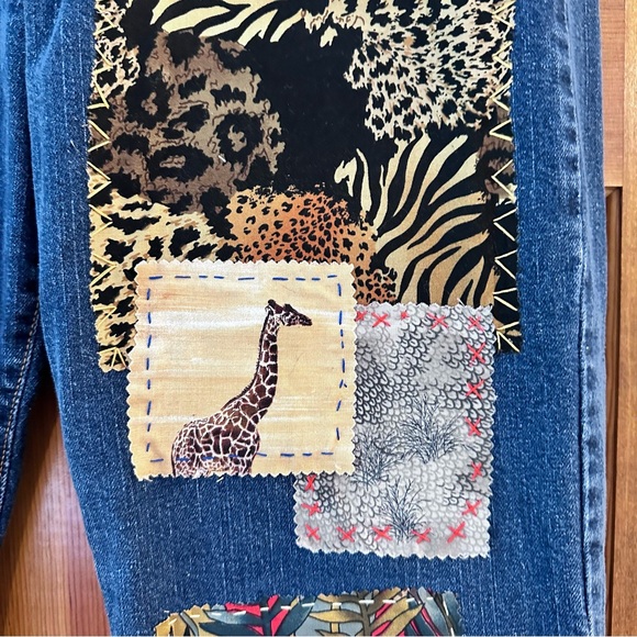 Levi’s 505 strght leg 14 S patchwork, hand, stitched jeans, safari jungle design - Picture 3 of 11
